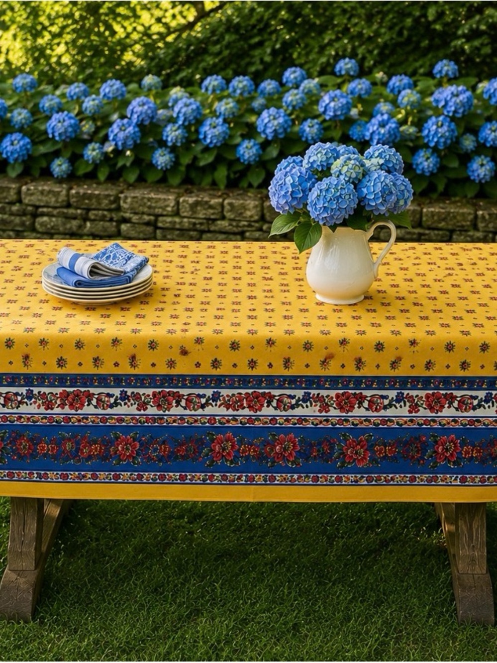 Vintage Floral Tablecloth Yellow Blue French Country 82x60